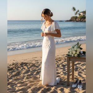 Lulu's White Flutter Sleeve Rosebud Wedding, Confirmation, Graduation Dress